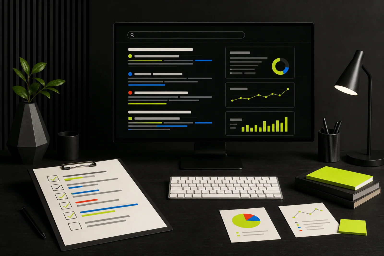 Mesa de trabajo con auditoría SEO, resultados de búsqueda y gráficos de rendimiento
