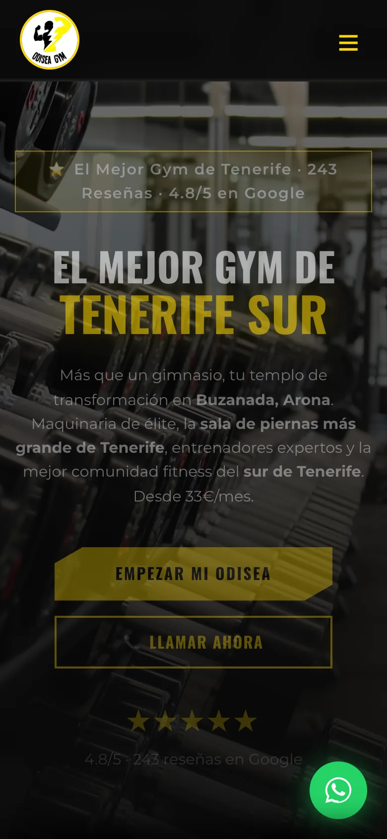 Vista móvil de la landing de Odisea Gym