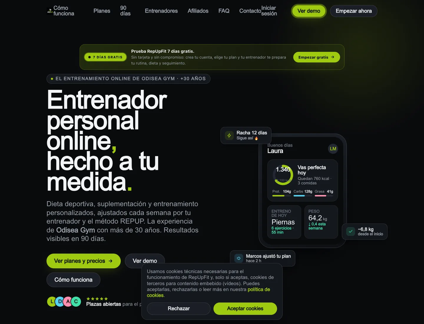 Vista de escritorio de la web pública de RepUpFit