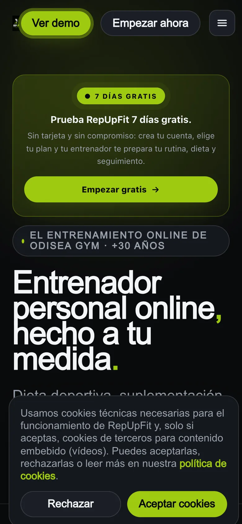 Vista móvil de la web pública de RepUpFit
